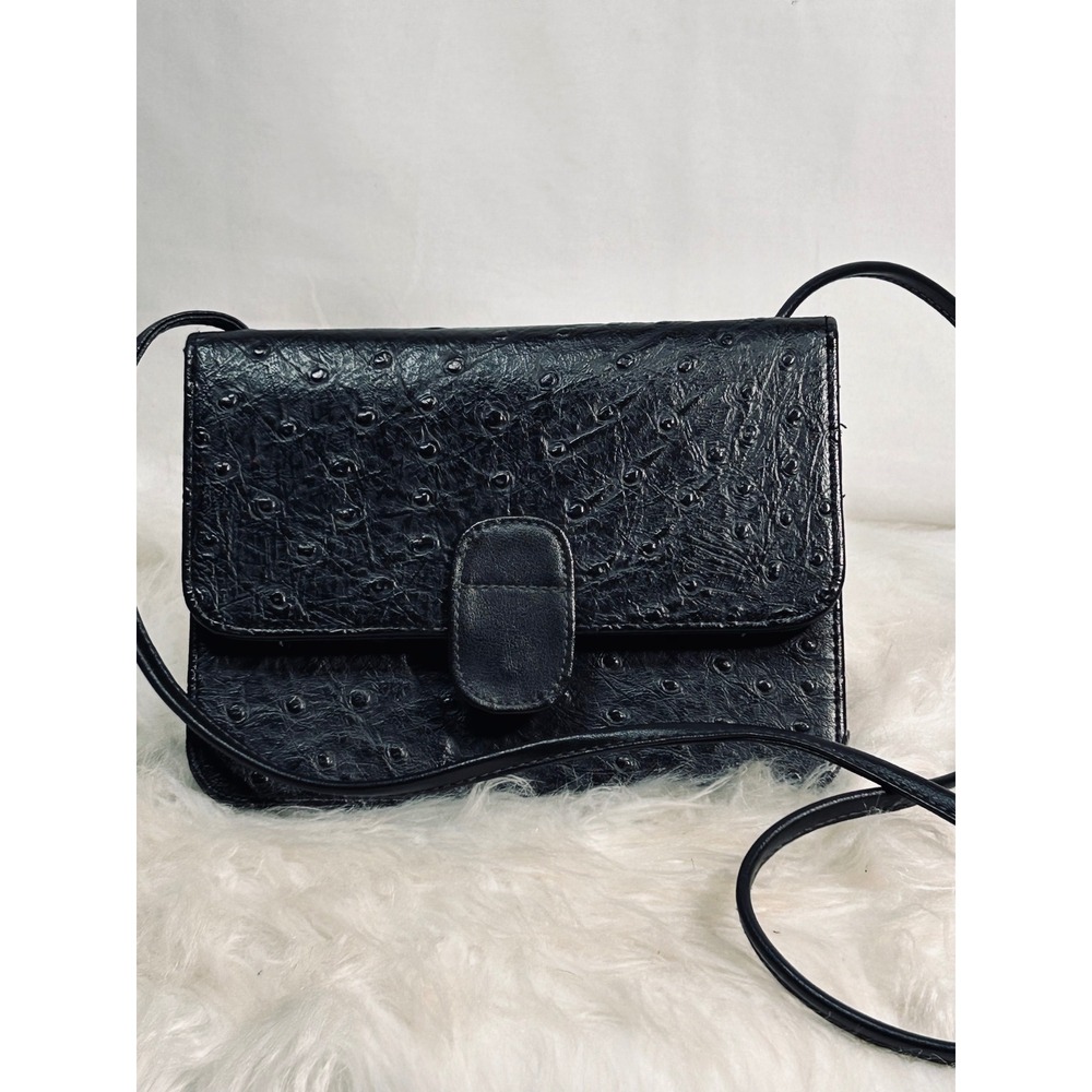 Vintage Black Ostrich Embossed Crossbody Bag with Interior‎ Mirror